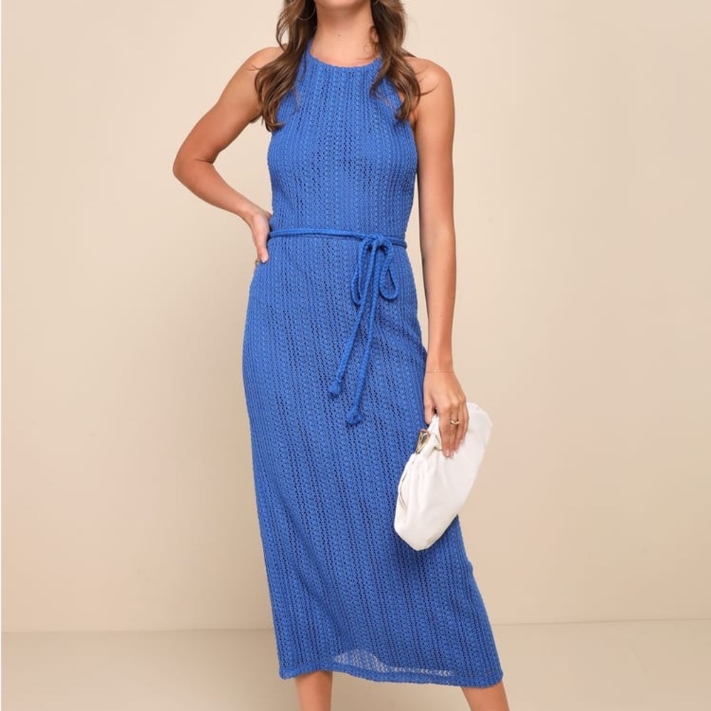 Lulu’s Sunny Impression Blue Crochet Halter Midi Dress